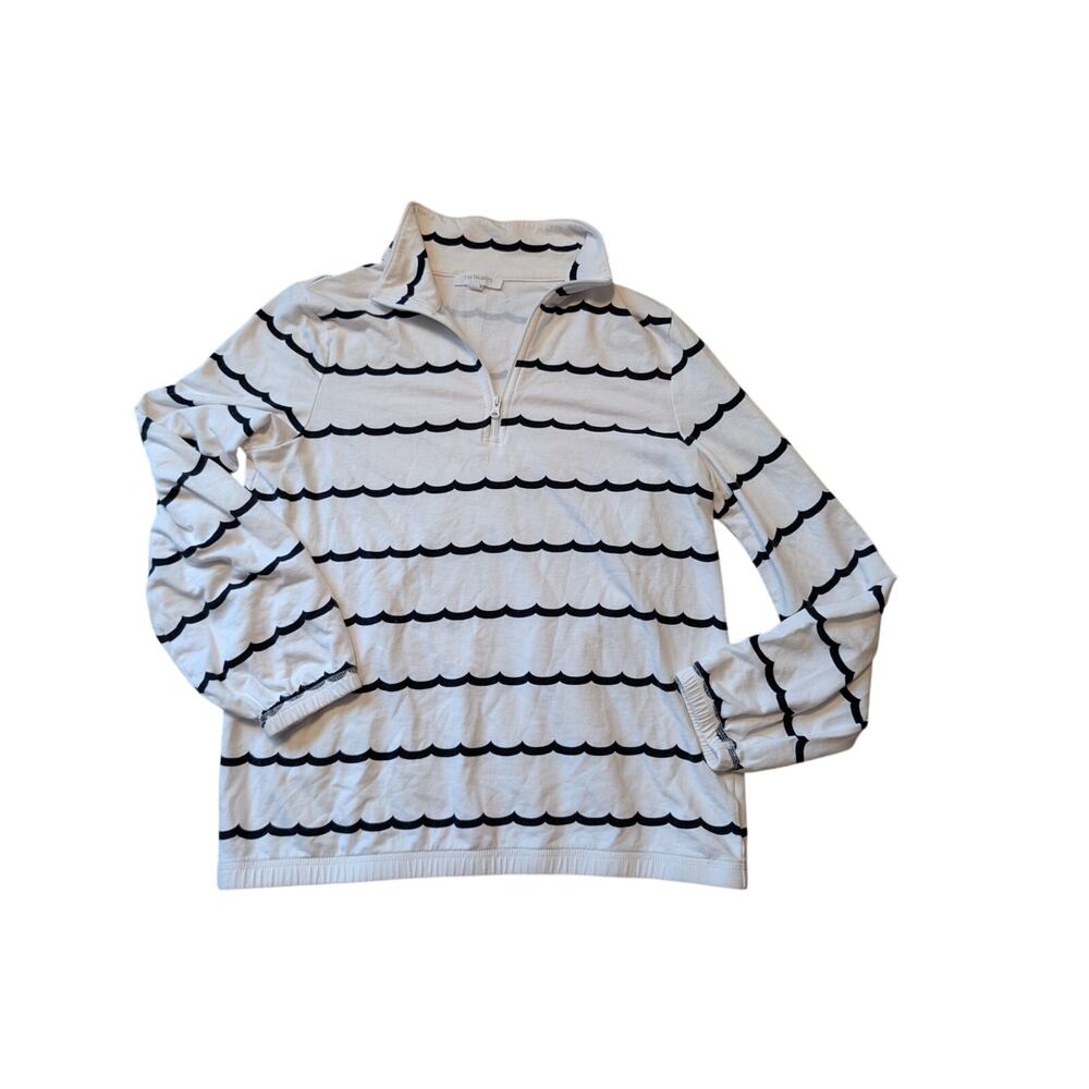 T by Talbots Womens White Black Scallop Stripe Quarter Zip Sweatshirt Size Small